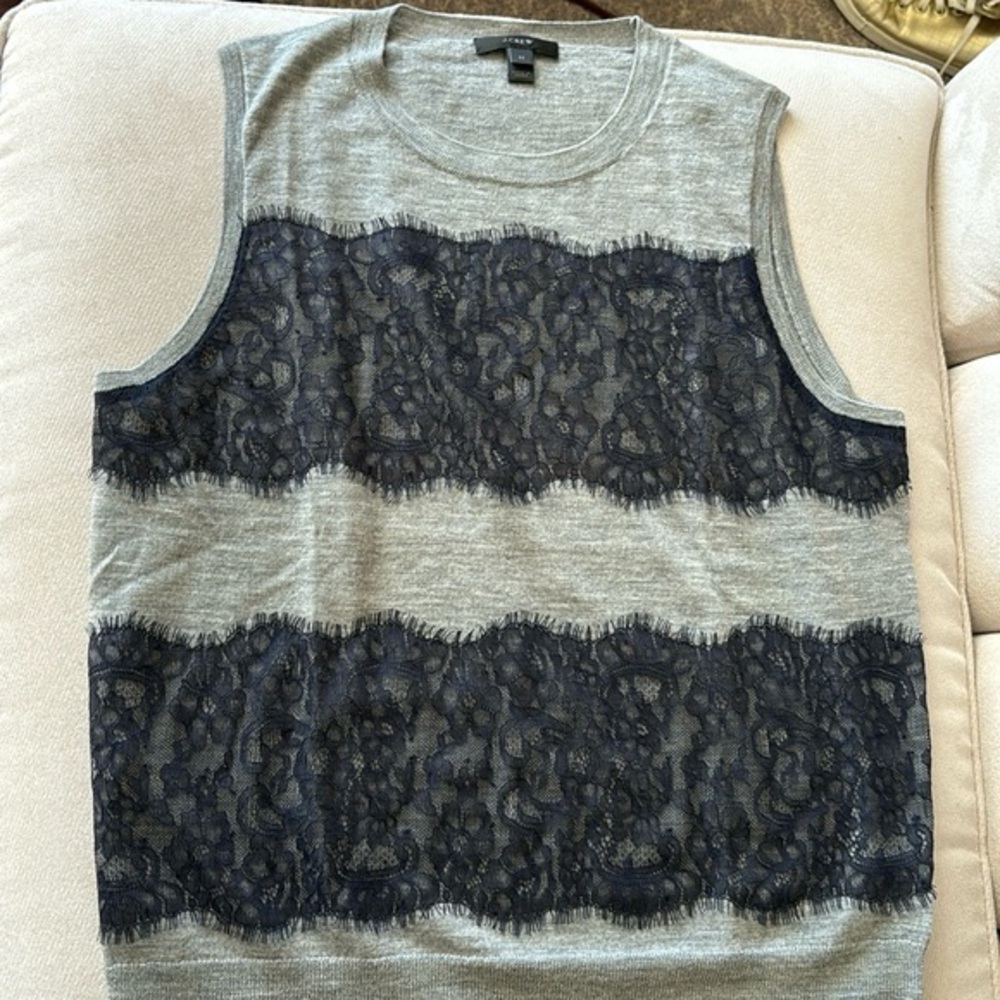 J Crew Grey 100 Merino Wool Shell With Blue Lace Detail In M